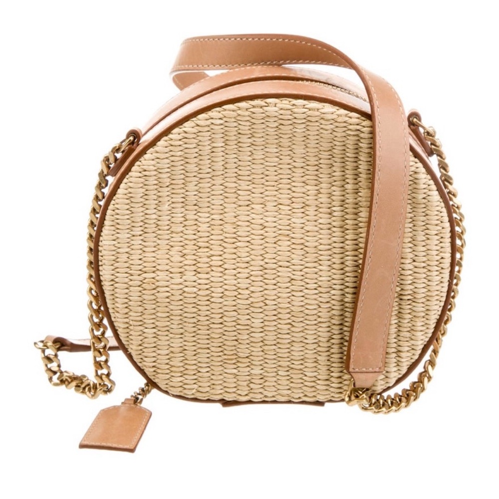 YSL Saint Laurent Round Raffia Mica crossbody w tan leather trim & gold chain